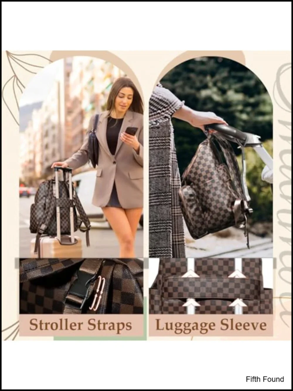 Checkered PU Leather Diaper Bag Backpack with Insulated Pockets, 17 Pockets